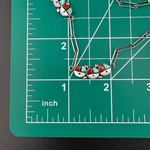 Vintage Zuni Sunface Sterling Silver Turquoise Inlay Sun Face Necklace - Picture 6 of 8